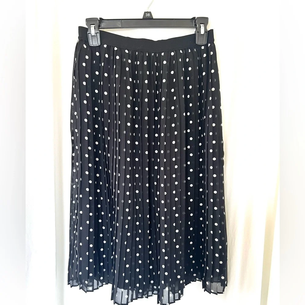 A New Day Skirt Black White Polka-dot Accordion Pleated Midi‎ Sz S Lined Casual
